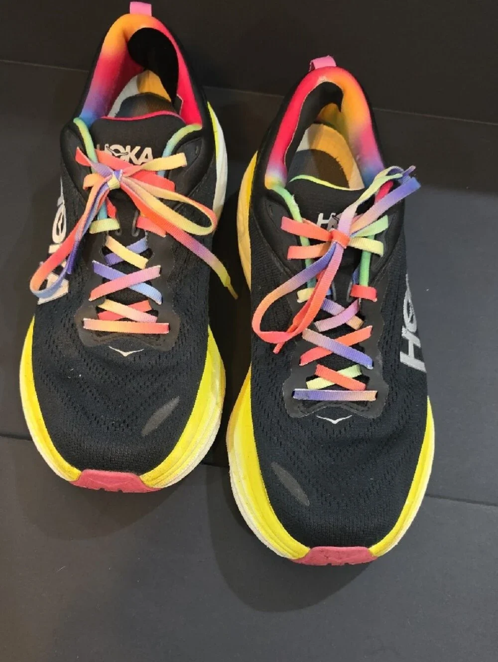 Hoka Bondi 8 Women’s Black Running Shoes with Rainbow Trim & Yellow Size 10